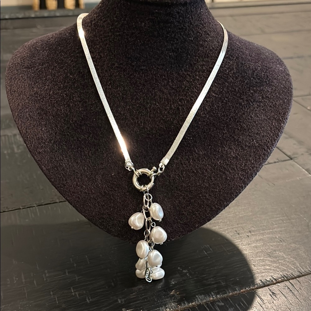 Shiny Silver Snake Necklace with Faux Pearl Drop Accents